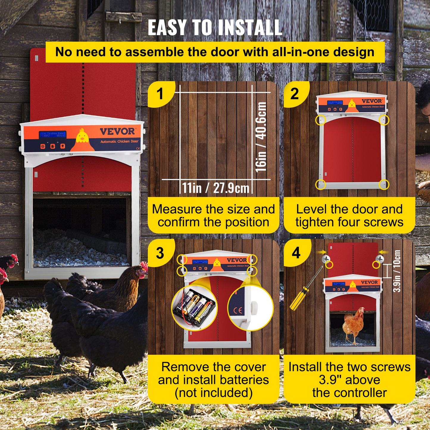 VEVOR Automatic Chicken Coop Door, Auto Open/Close, Gear Lifter Galvanized Poultry Gate with Evening and Morning Delayed Opening Timer & Light Sensor, Battery Powered LCD Screen, for Duck, Red