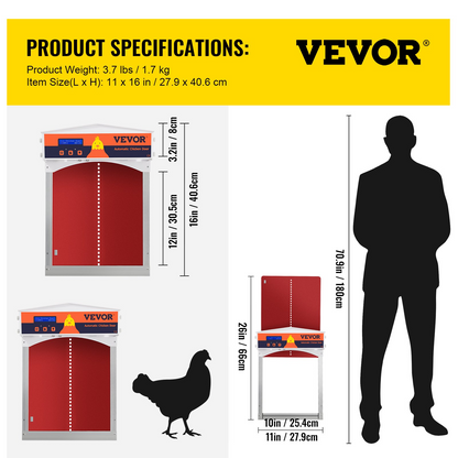 VEVOR Automatic Chicken Coop Door, Auto Open/Close, Gear Lifter Galvanized Poultry Gate with Evening and Morning Delayed Opening Timer & Light Sensor, Battery Powered LCD Screen, for Duck, Red