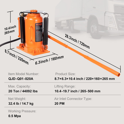 VEVOR Air Hydraulic Bottle Jack, 20 Ton/40000 LBS All Welded Bottle Jack, 10.4-19.7 inch Lifting Range, Manual Handle and Air Pump, for Car, Pickup, Truck, RV, Auto Repair, Industrial Engineering