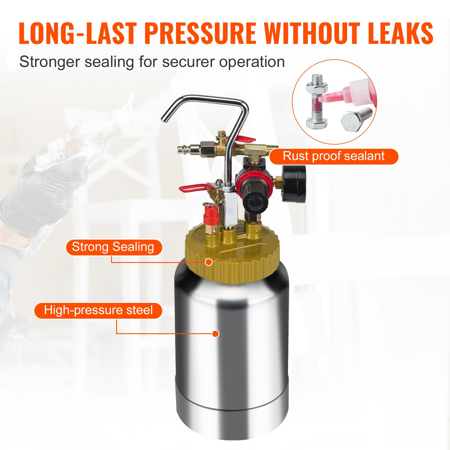 VEVOR 2L/0.5gal Spray Paint Pressure Pot Tank, Lightweight Air Paint Pressure Pot, 1.8mm Nozzle Spray Paint Gun 3m Hoses for Home Decoration Architecture Construction Automotive Painting, 45PSI Max