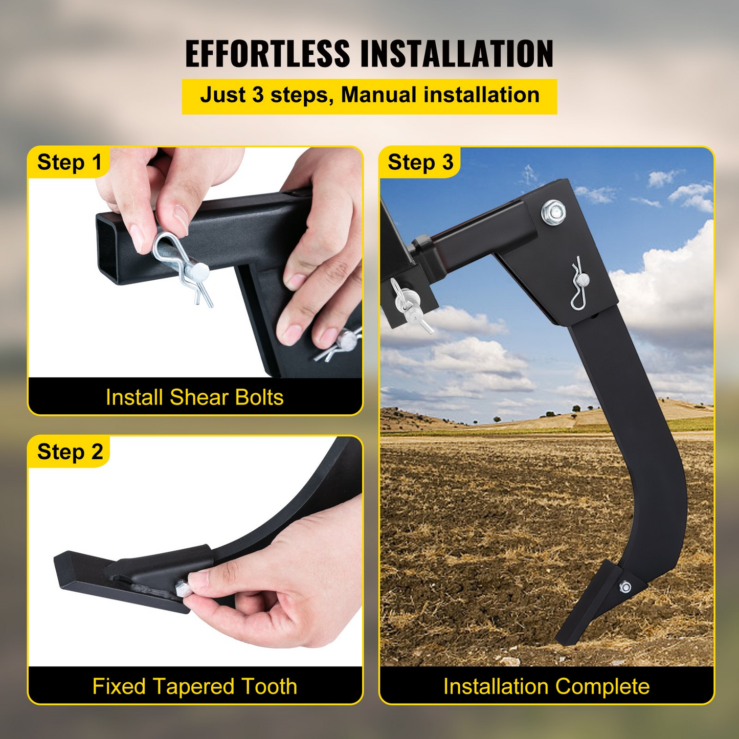 VEVOR Hitch Mounted Ripper, 18" Shank Length Box Scraper Shank, 4 Hole Site Box Blade for Tractor, 2 Locating Pins Ripper Shank, 2 Plough Tips Box Blade Shank Teeth