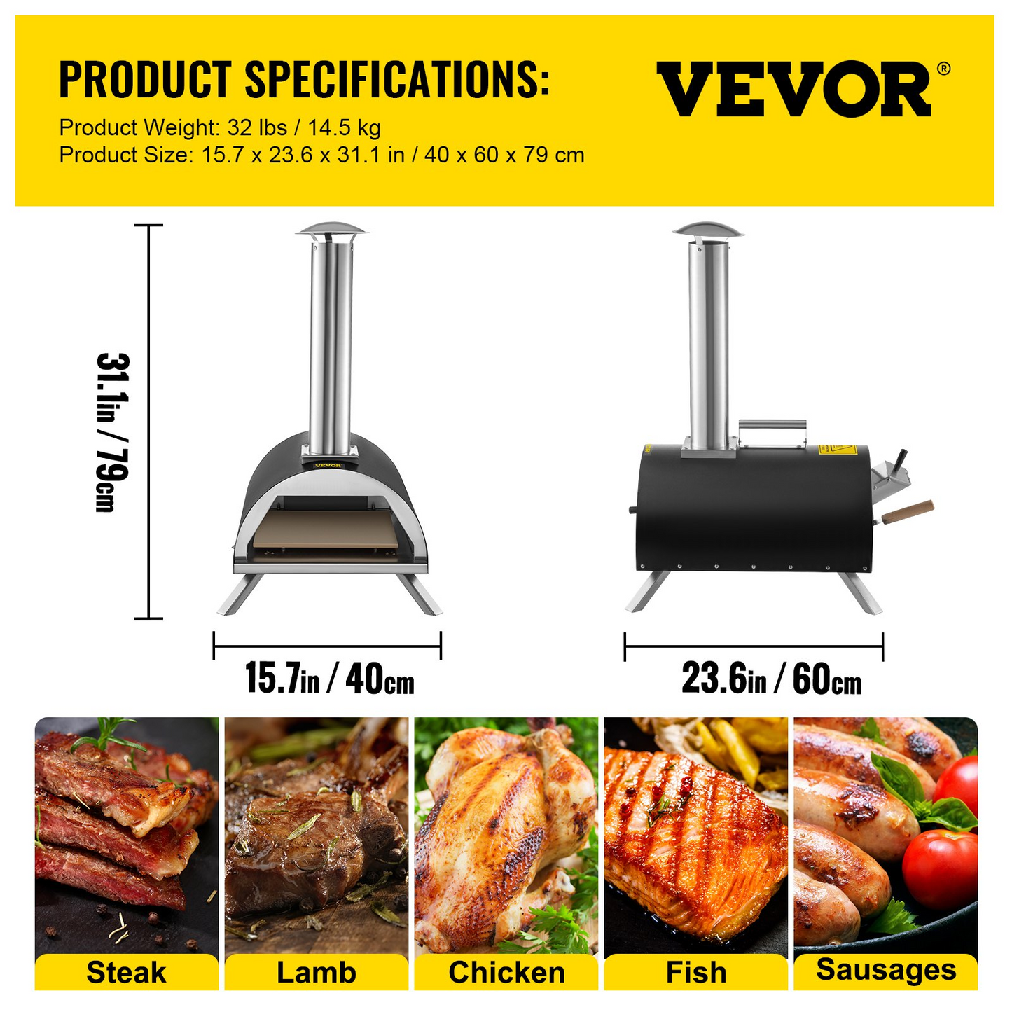 VEVOR Outdoor Pizza Oven 12",Wood Fired Oven with Feeding Port,Wood Pellet Burning Pizza Maker Ovens 932℉Max Temperature Stainless Steel Portable Pizza Ovens with Accessories for Outdoor Cooking.