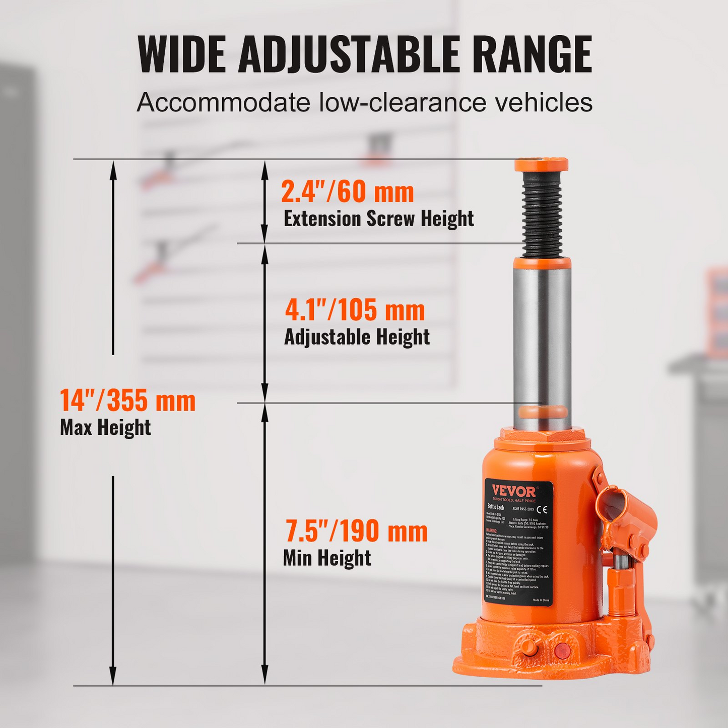 VEVOR Hydraulic Bottle Jack, 12 Ton/24000 LBS All Welded Bottle Jack, 7.5-14 inch Lifting Range, with 3-section Long Handle, for Car, Pickup Truck, Truck, RV, Auto Repair, Industrial Engineering