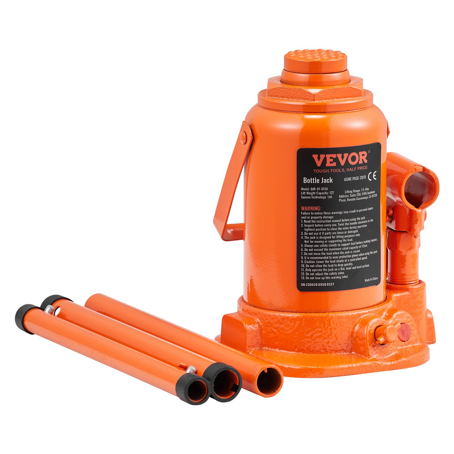 VEVOR Hydraulic Bottle Jack, 12 Ton/24000 LBS All Welded Bottle Jack, 7.5-14 inch Lifting Range, with 3-section Long Handle, for Car, Pickup Truck, Truck, RV, Auto Repair, Industrial Engineering