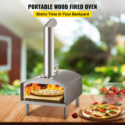 VEVOR Wood Fired Oven 12",Outdoor Pizza Oven with Foldable Legs,Stainless Steel Pizza Maker 932℉ Max Temperature,Wood Pellets Burning Pizza Oven with Accessories for Outside,Garden,Courtyard Cooking.