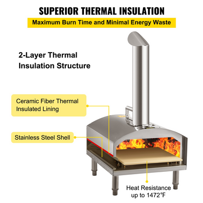 VEVOR Wood Fired Oven 12",Outdoor Pizza Oven with Foldable Legs,Stainless Steel Pizza Maker 932℉ Max Temperature,Wood Pellets Burning Pizza Oven with Accessories for Outside,Garden,Courtyard Cooking.