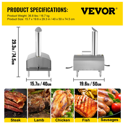 VEVOR Wood Fired Oven 12",Outdoor Pizza Oven with Foldable Legs,Stainless Steel Pizza Maker 932℉ Max Temperature,Wood Pellets Burning Pizza Oven with Accessories for Outside,Garden,Courtyard Cooking.