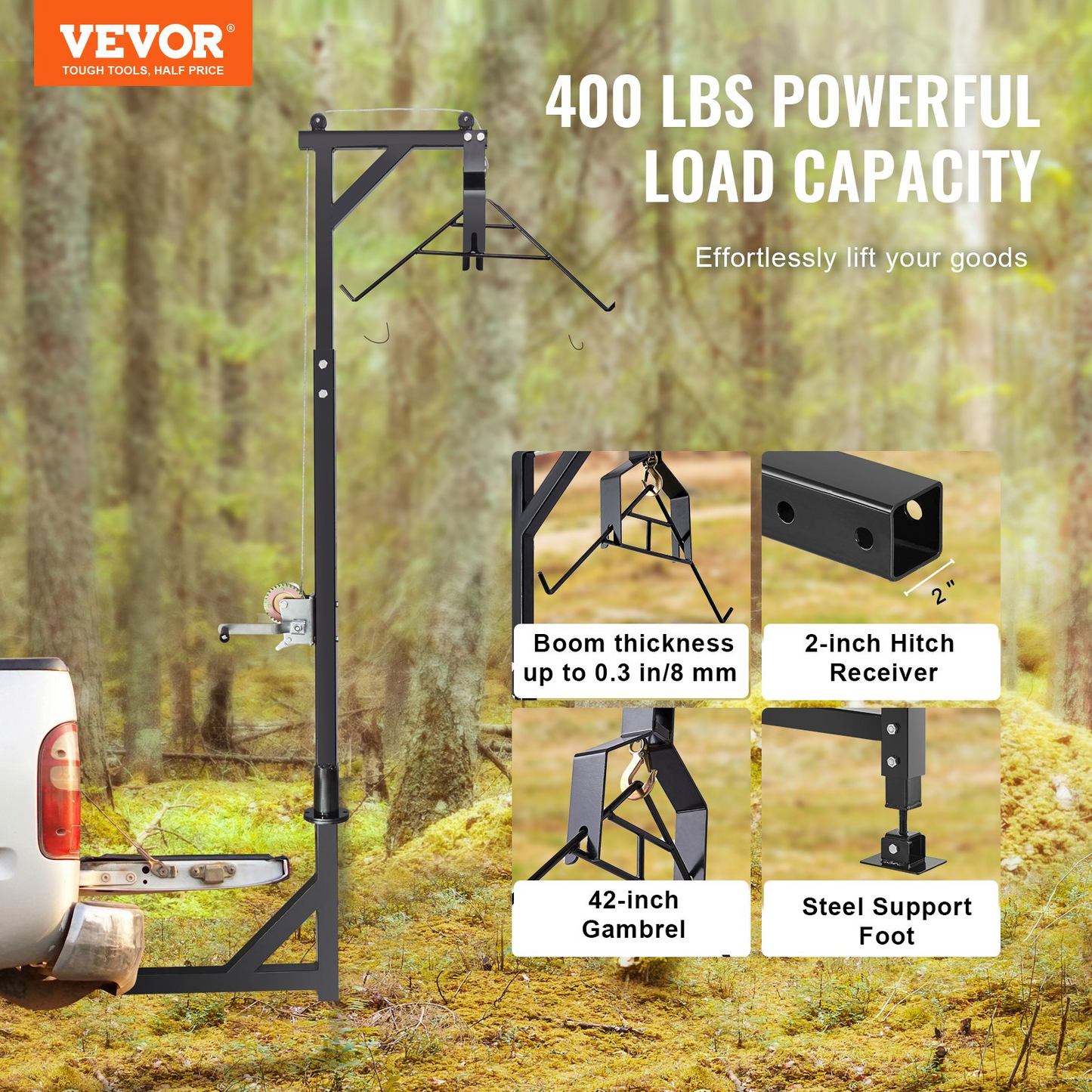 VEVOR Hitch Mounted Deer Hoist, 400 lbs Load Capacity, Hitch Game Hoist, Truck Hitch Deer Hoist with Winch Lift Gambrel Set, 2-inch Hitch Receiver, Adjustable Height & 360 Degrees Swivel, Carbon Steel