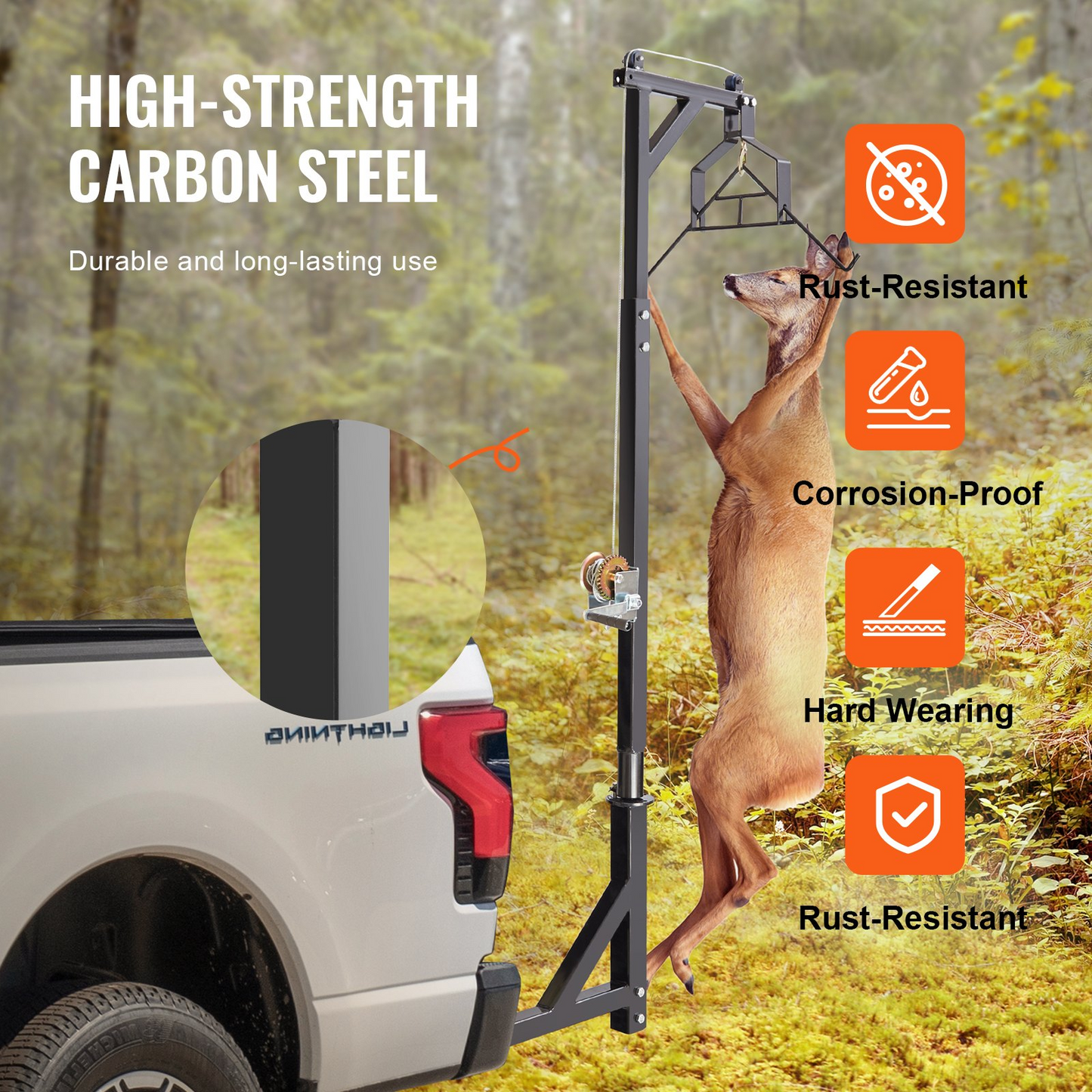 VEVOR Hitch Mounted Deer Hoist, 400 lbs Load Capacity, Hitch Game Hoist, Truck Hitch Deer Hoist with Winch Lift Gambrel Set, 2-inch Hitch Receiver, Adjustable Height & 360 Degrees Swivel, Carbon Steel