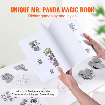 VEVOR Button Maker, 1/1.25/2.28 inch(25/32/58mm) 3-IN-1 Pin Maker, with 300pcs Button Parts, Button Maker Machine with Panda Magic Book, Ergonomic Arc Handle Punch Press Kit, For Children DIY Gifts