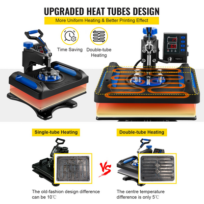 VEVOR Heat Press Machine 12 x 15 Inch 8 in 1 Heat Press Sublimation Machine 360° Rotation Swing Away 8 in 1 Shirt Printing Machine Dual-Tube Heating for DIY T-Shirts Cap & Mugs Blue