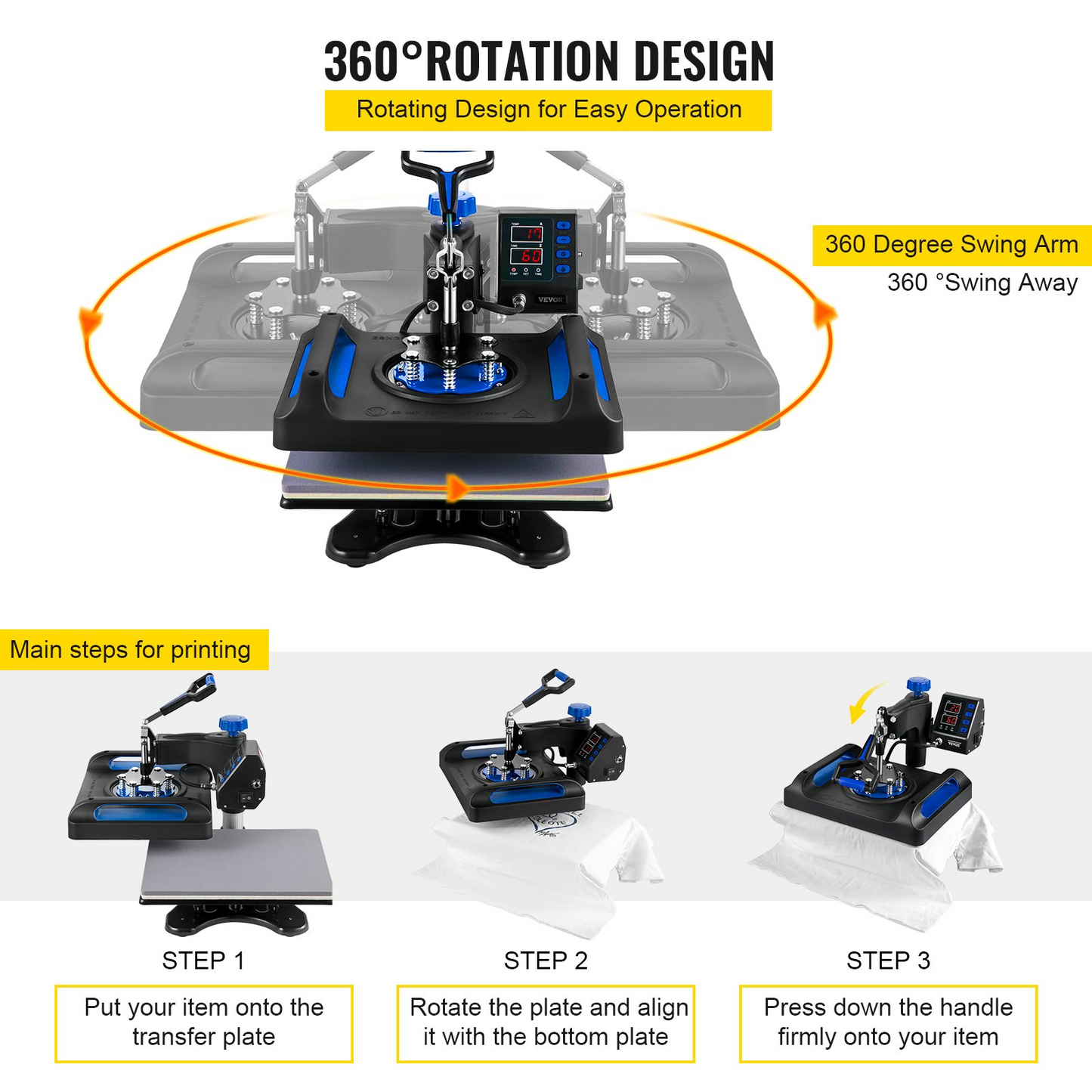 VEVOR Heat Press Machine 12 x 15 Inch 8 in 1 Heat Press Sublimation Machine 360° Rotation Swing Away 8 in 1 Shirt Printing Machine Dual-Tube Heating for DIY T-Shirts Cap & Mugs Blue