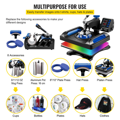 VEVOR Heat Press Machine 12 x 15 Inch 8 in 1 Heat Press Sublimation Machine 360° Rotation Swing Away 8 in 1 Shirt Printing Machine Dual-Tube Heating for DIY T-Shirts Cap & Mugs Blue