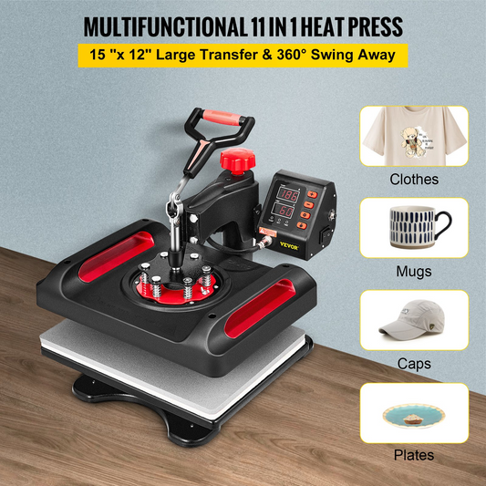 VEVOR 11 in 1 Heat Press, 12 x 15 Inch, Multifunctional Clamshell Printer, Digital Dual-Tube Heat Press Transfer Machine, Swing Away Sublimation Machine for T-Shirt Hat Cap Mug Plate Pen Shoes Black，360° Swing Away Design