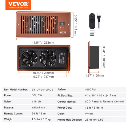 VEVOR Register Booster Fan, Quiet Vent Booster Fan Fits 4” x 10” Register Holes, with Remote Control and Thermostat Control, Adjustable Speed for Heating Cooling Smart Vent, Brown