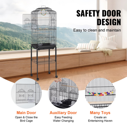 VEVOR 60 inch Flight Bird Cage, Metal Large Parakeet Cages for Cockatiels Parrot Budgies Lovebirds Canaries, Pet Big Bird Cage with Rolling Stand and Hanging Toys