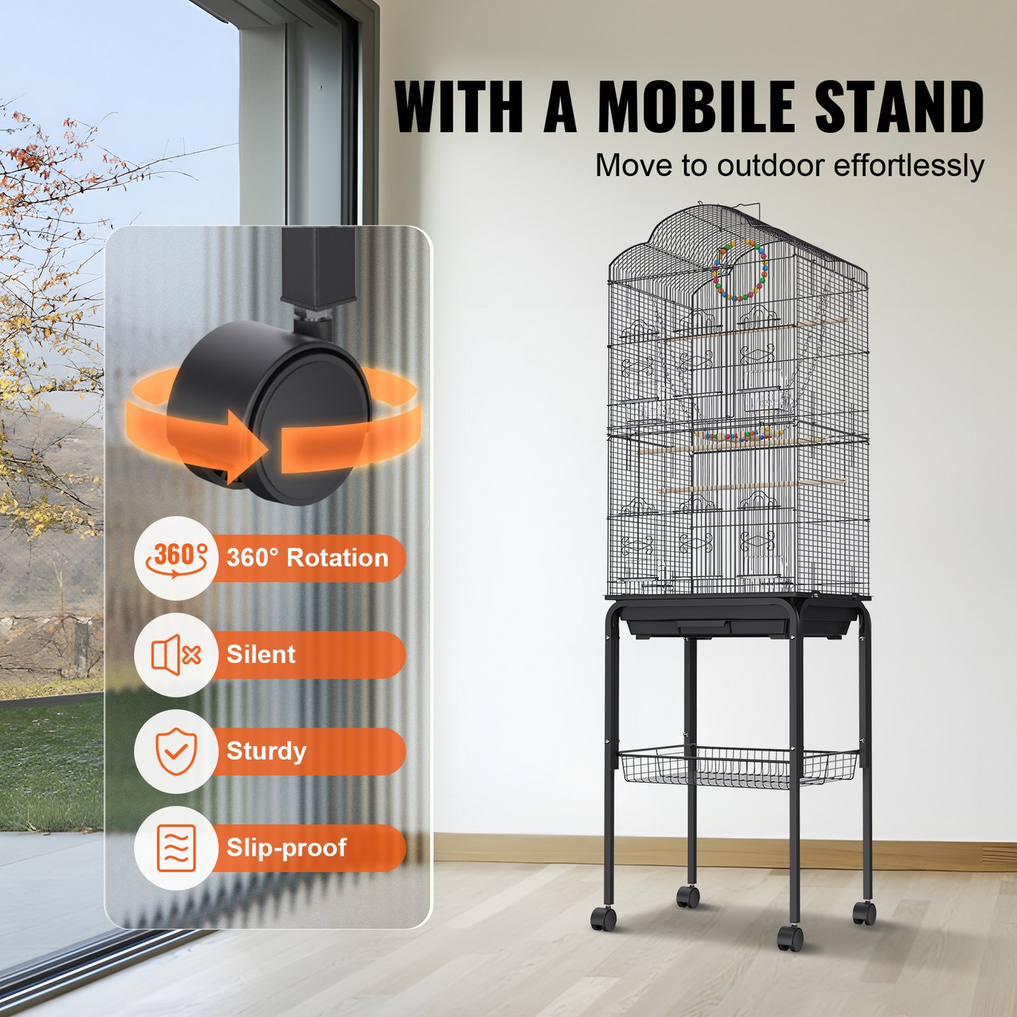 VEVOR 60 inch Flight Bird Cage, Metal Large Parakeet Cages for Cockatiels Parrot Budgies Lovebirds Canaries, Pet Big Bird Cage with Rolling Stand and Hanging Toys