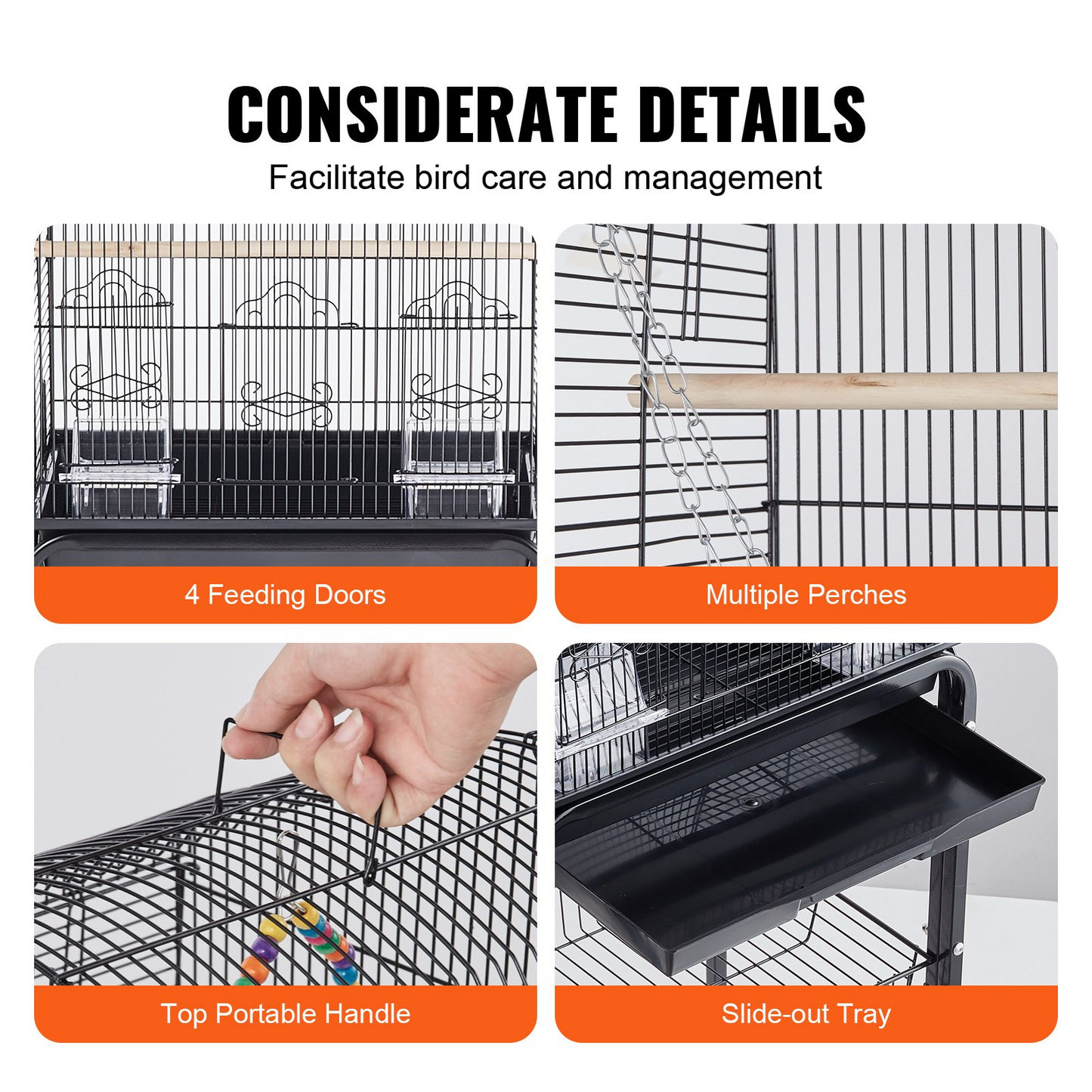VEVOR 60 inch Flight Bird Cage, Metal Large Parakeet Cages for Cockatiels Parrot Budgies Lovebirds Canaries, Pet Big Bird Cage with Rolling Stand and Hanging Toys