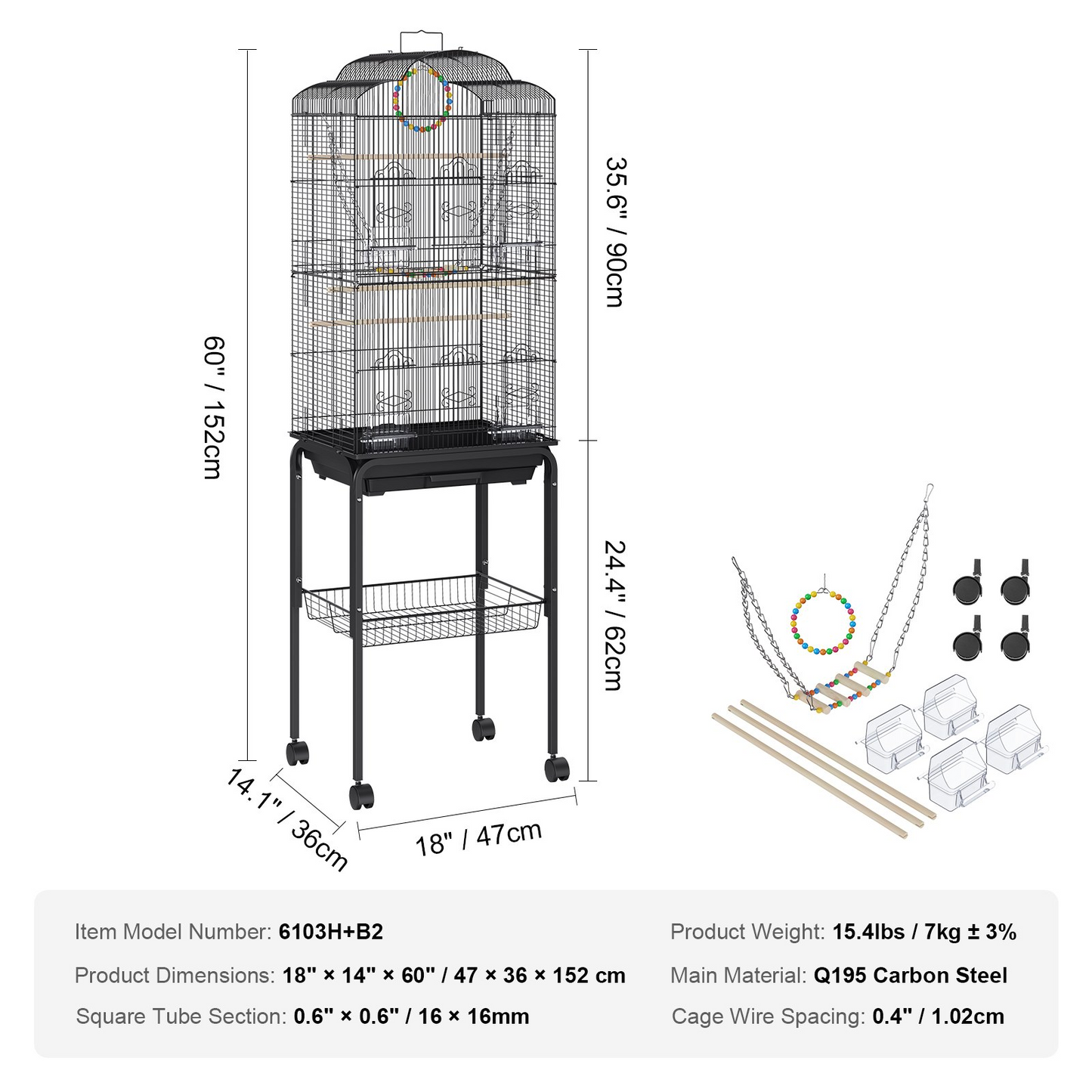 VEVOR 60 inch Flight Bird Cage, Metal Large Parakeet Cages for Cockatiels Parrot Budgies Lovebirds Canaries, Pet Big Bird Cage with Rolling Stand and Hanging Toys