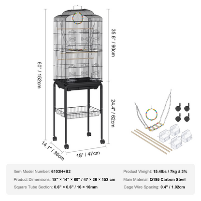 VEVOR 60 inch Flight Bird Cage, Metal Large Parakeet Cages for Cockatiels Parrot Budgies Lovebirds Canaries, Pet Big Bird Cage with Rolling Stand and Hanging Toys