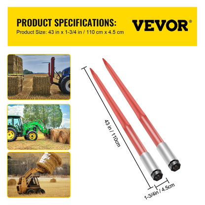 VEVOR Pair Hay Spear 43" Bale Spear 3000 lbs Capacity, Bale Spike Quick Attach Square Hay Bale Spears 1 3/4", Red Coated Bale Forks, Bale Hay Spike with Hex Nut & Sleeve for Buckets Tractors Loaders