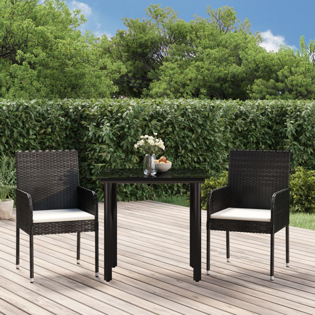 vidaXL 3 Piece Patio Dining Set with Cushions Black Poly Rattan