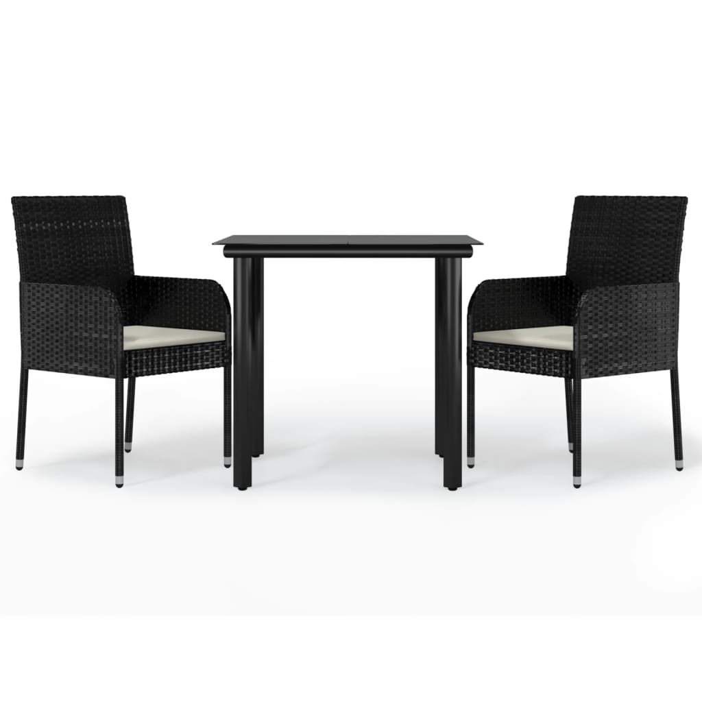 vidaXL 3 Piece Patio Dining Set with Cushions Black Poly Rattan