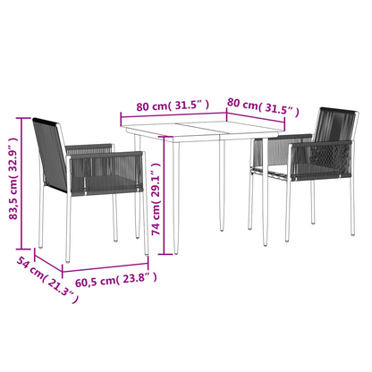 vidaXL 3 Piece Patio Dining Set with Cushions Black Poly Rattan and Steel
