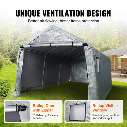 VEVOR Outdoor Portable Storage Shelter Shed, 10x15x8ft Heavy Duty All-Season Instant Garage Tent Canopy Carport with Roll-up Zipper Door and Ventilated Windows For Cars, Motorcycle, Bike, Garden Tools