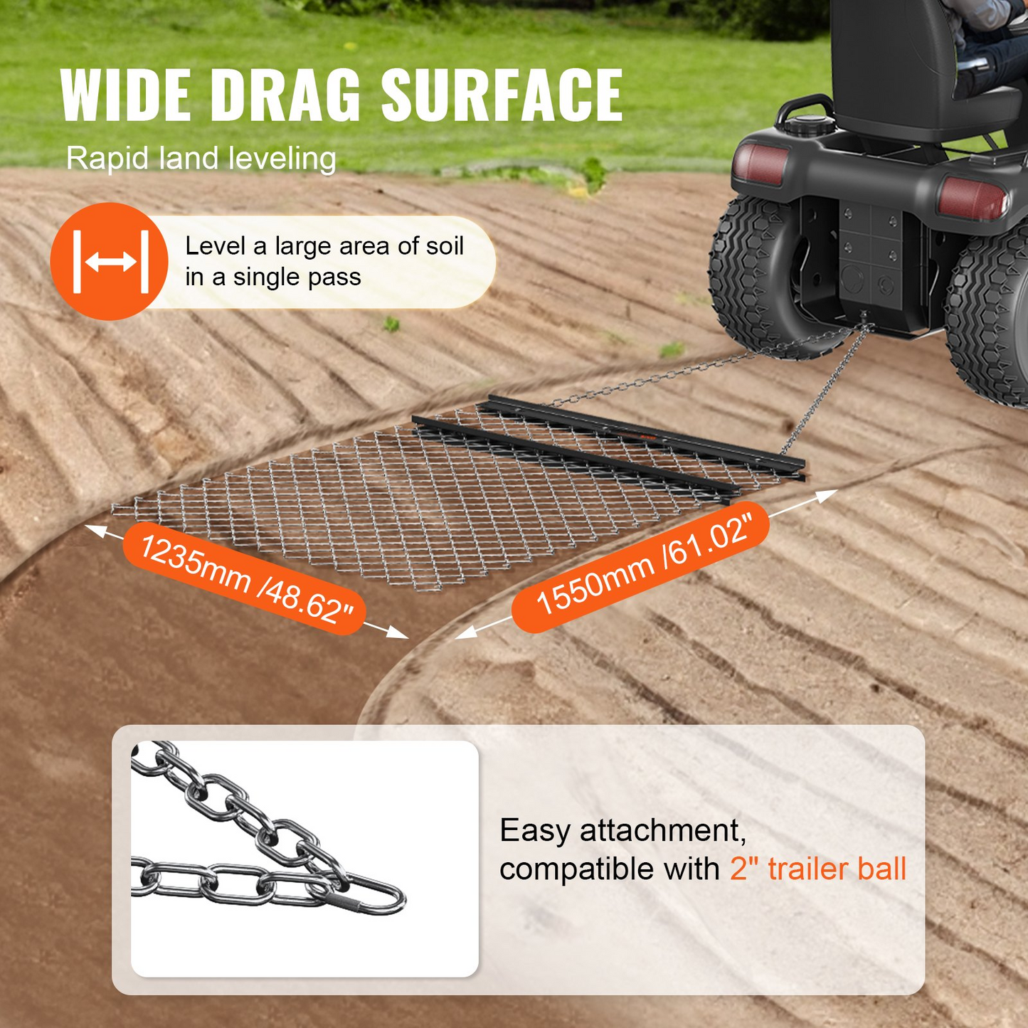 VEVOR Drag Harrow, 4' x 5' ATV Chain Harrow, Q235 Steel UTV Tractor Attachments Field Drag Mat for Landscape Leveling or Sod Prepping, Towable Harrow Rake Grader for Gravel Driveway, Farm, Field