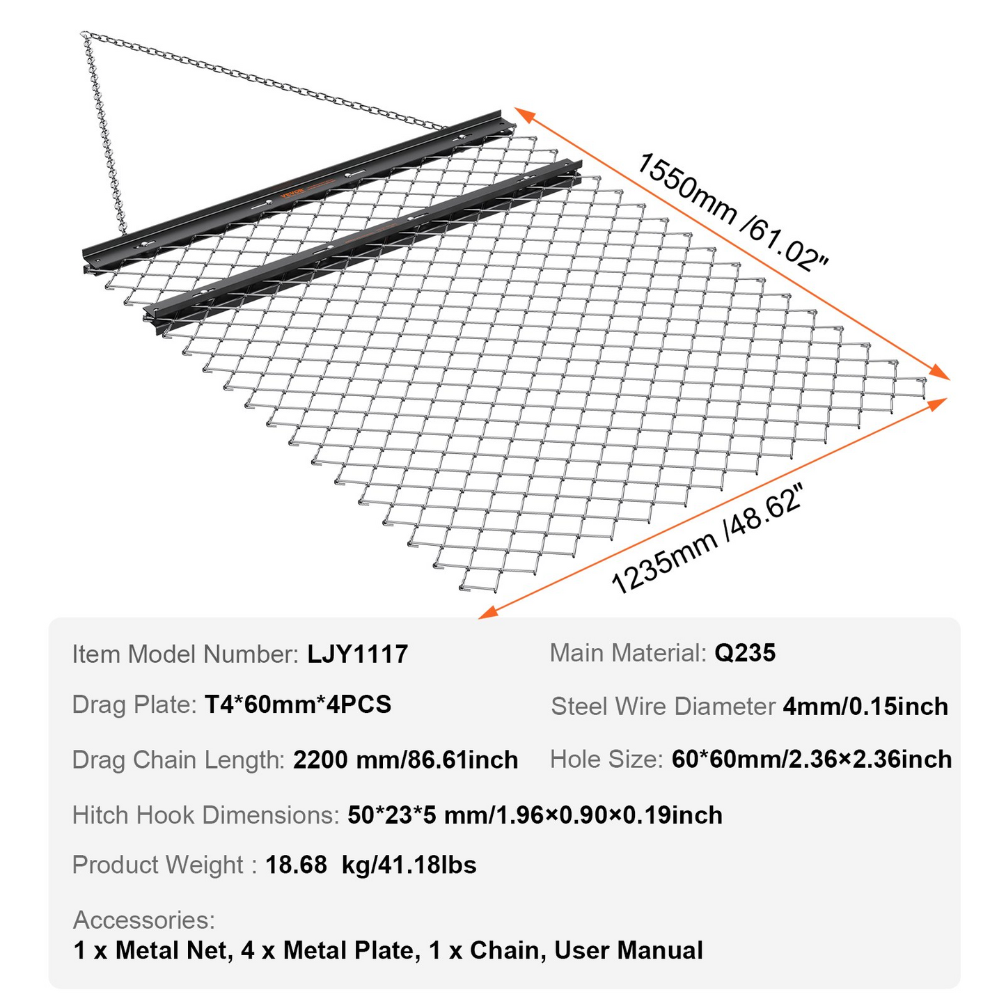 VEVOR Drag Harrow, 4' x 5' ATV Chain Harrow, Q235 Steel UTV Tractor Attachments Field Drag Mat for Landscape Leveling or Sod Prepping, Towable Harrow Rake Grader for Gravel Driveway, Farm, Field