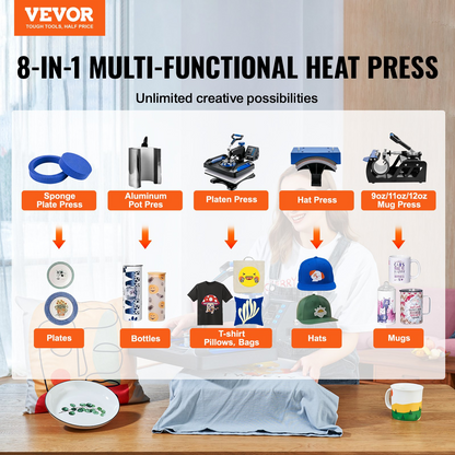 VEVOR Heat Press Machine 12 x 15 Inch 8 in 1 Heat Press Sublimation Machine 360° Rotation Swing Away 8 in 1 Shirt Printing Machine Dual-Tube Heating for DIY T-Shirts Cap & Mugs Blue