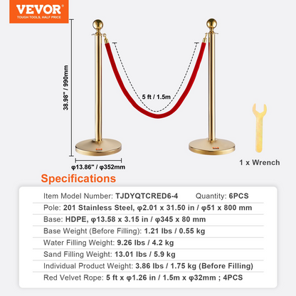 VEVOR Stanchion Post with Velvet Rope, 6-Pack Crowd Control Stanchion with 4PCS 5FT Red Velvet Ropes, Stainless Steel Queue Barrier Line Divider with Fillable Base & Ball Top for Wedding Museum Party