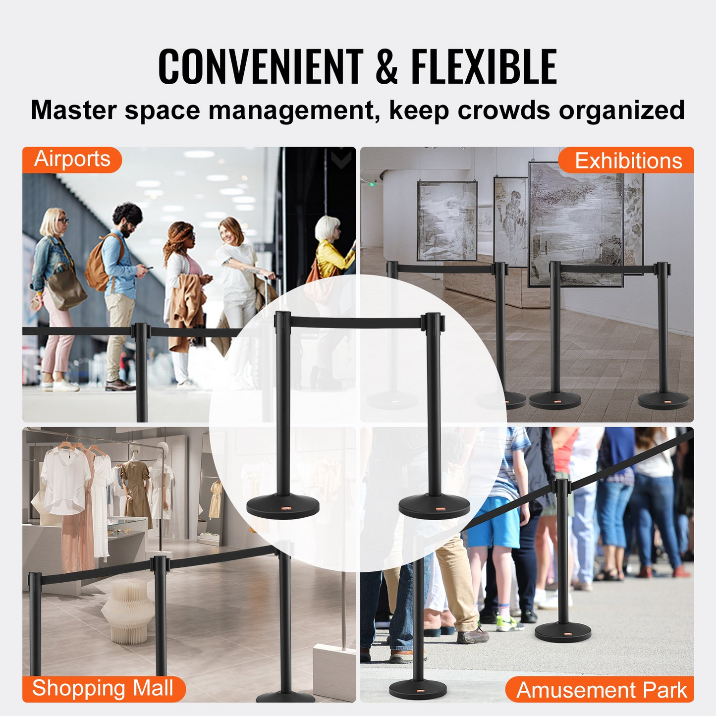 VEVOR Crowd Control Stanchion, 6-Pack Crowd Control Barrier, Carbon Steel Baking Painted Stanchion Queue Post with 3PCS 6.5FT Retractable Belt & Fillable Base, Belt Barrier Line Divider, Easy Assembly