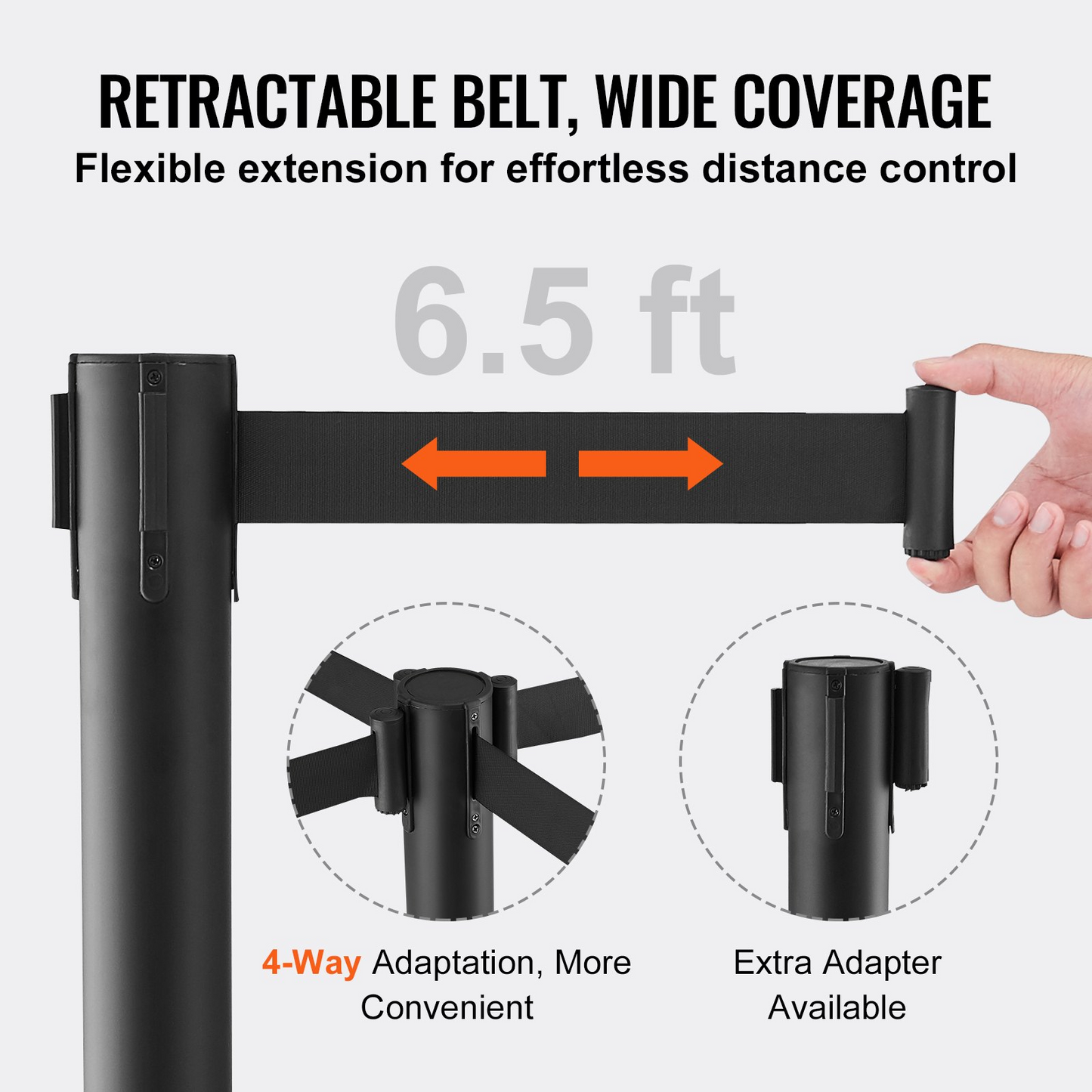 VEVOR Crowd Control Stanchion, 6-Pack Crowd Control Barrier, Carbon Steel Baking Painted Stanchion Queue Post with 3PCS 6.5FT Retractable Belt & Fillable Base, Belt Barrier Line Divider, Easy Assembly