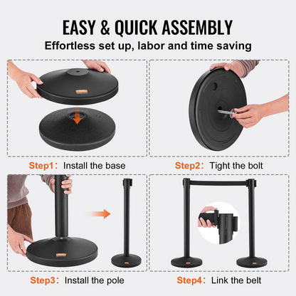 VEVOR Crowd Control Stanchion, 6-Pack Crowd Control Barrier, Carbon Steel Baking Painted Stanchion Queue Post with 3PCS 6.5FT Retractable Belt & Fillable Base, Belt Barrier Line Divider, Easy Assembly