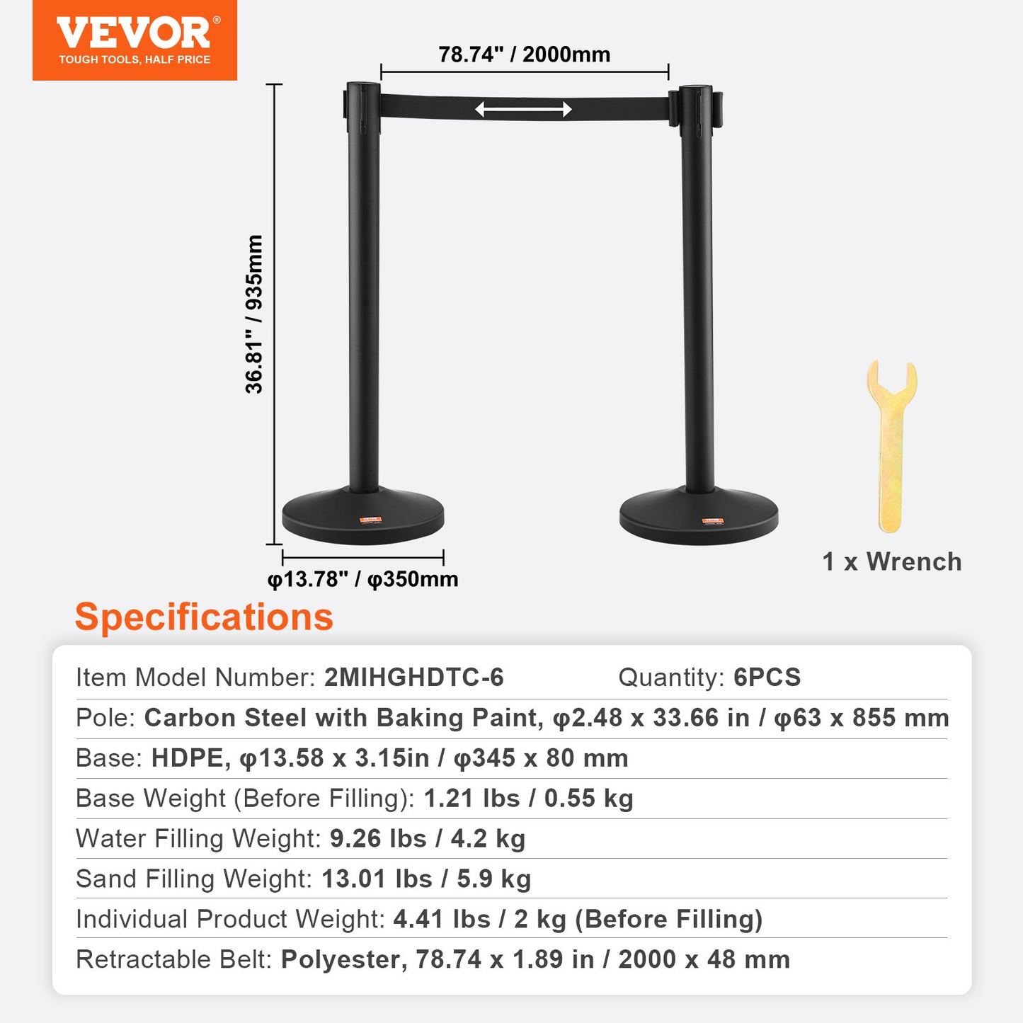 VEVOR Crowd Control Stanchion, 6-Pack Crowd Control Barrier, Carbon Steel Baking Painted Stanchion Queue Post with 3PCS 6.5FT Retractable Belt & Fillable Base, Belt Barrier Line Divider, Easy Assembly