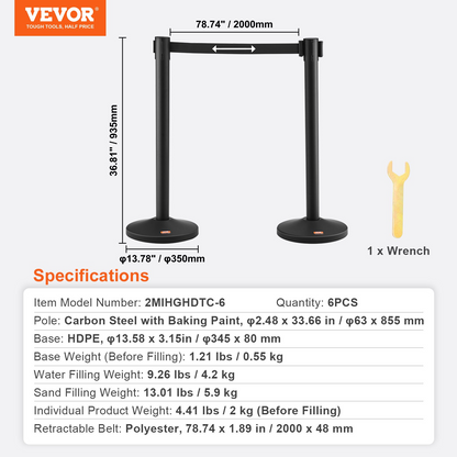 VEVOR Crowd Control Stanchion, 6-Pack Crowd Control Barrier, Carbon Steel Baking Painted Stanchion Queue Post with 3PCS 6.5FT Retractable Belt & Fillable Base, Belt Barrier Line Divider, Easy Assembly