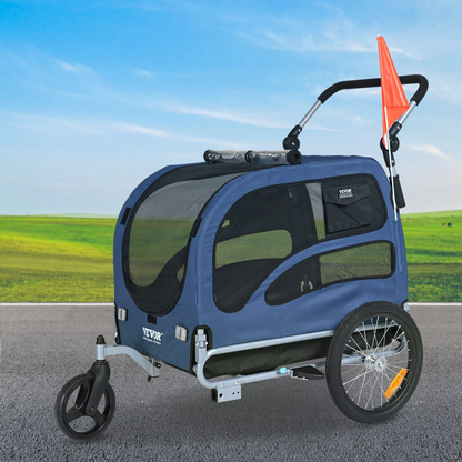 VEVOR Dog Bike Trailer, Supports up to 100 lbs, 2-in-1 Pet Stroller Cart Bicycle Carrier, Easy Folding Cart Frame with Quick Release Wheels, Universal Bicycle Coupler, Reflectors, Flag, Blue/Black