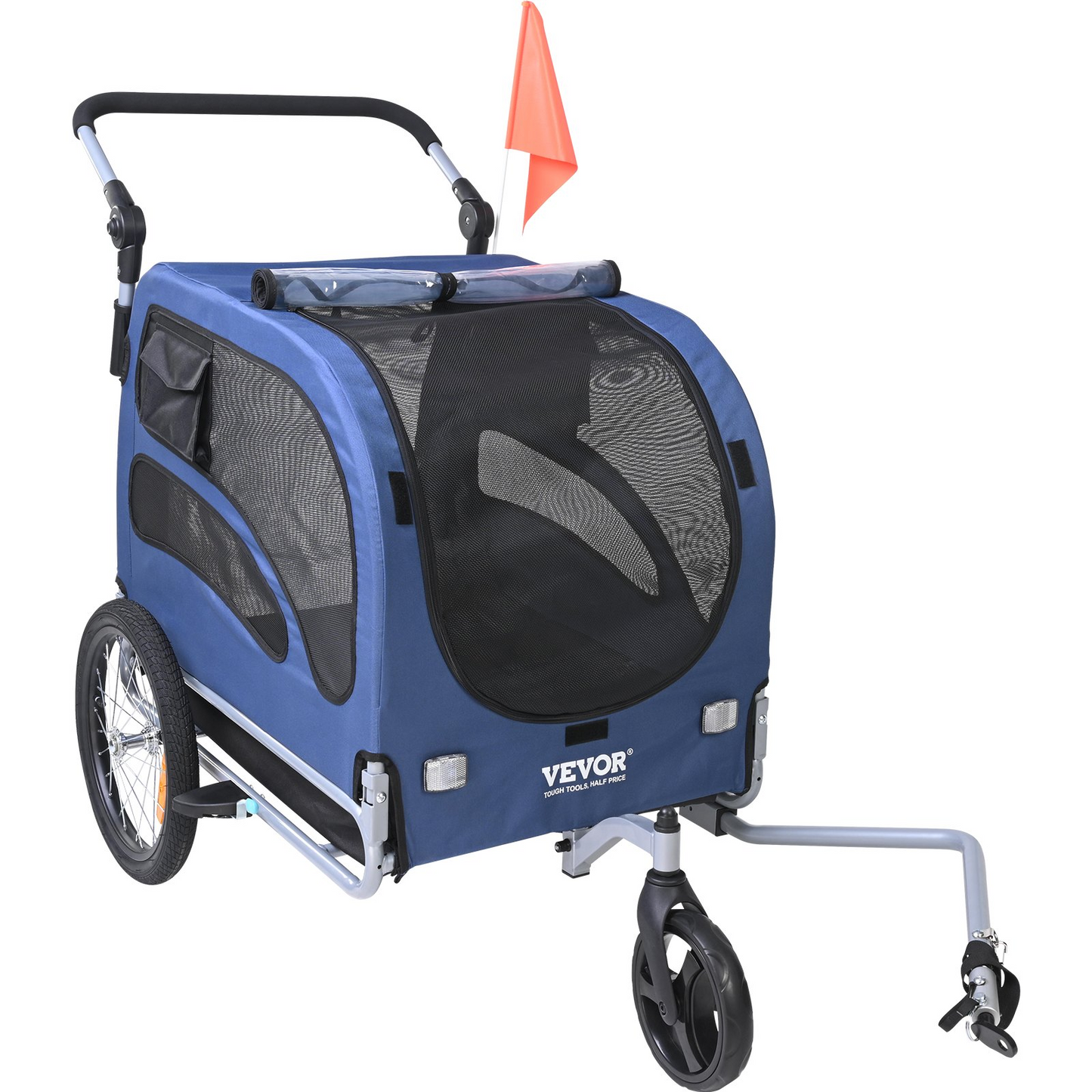 VEVOR Dog Bike Trailer, Supports up to 100 lbs, 2-in-1 Pet Stroller Cart Bicycle Carrier, Easy Folding Cart Frame with Quick Release Wheels, Universal Bicycle Coupler, Reflectors, Flag, Blue/Black