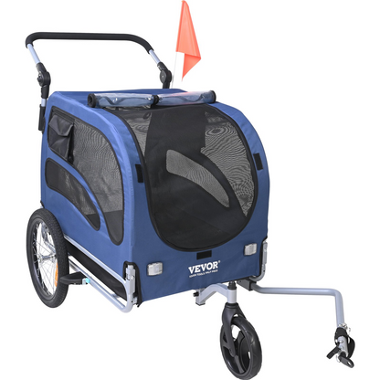 VEVOR Dog Bike Trailer, Supports up to 100 lbs, 2-in-1 Pet Stroller Cart Bicycle Carrier, Easy Folding Cart Frame with Quick Release Wheels, Universal Bicycle Coupler, Reflectors, Flag, Blue/Black