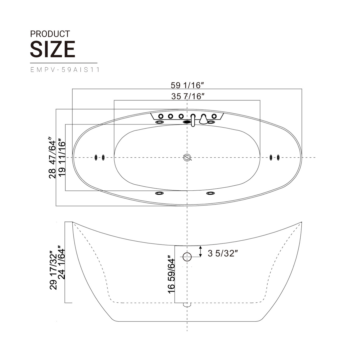 Empava-59AIS11 59 in. Whirlpool Freestanding Acrylic Bathtub