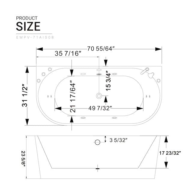 Empava-71AIS08 71 in. Luxurious Whirlpool Acrylic Alcove Bathtub