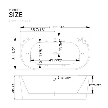 Empava-71AIS08 71 in. Luxurious Whirlpool Acrylic Alcove Bathtub