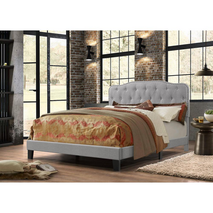 Gray Linen Uph. Panel Bed with Silver Nailhead- Twin