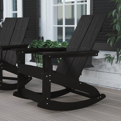 Finn Modern All-Weather 2-Slat Poly Resin Wood Rocking Adirondack Chair with Rust Resistant Stainless Steel Hardware in Black