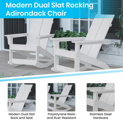 Finn Modern All-Weather 2-Slat Poly Resin Wood Rocking Adirondack Chair with Rust Resistant Stainless Steel Hardware in White