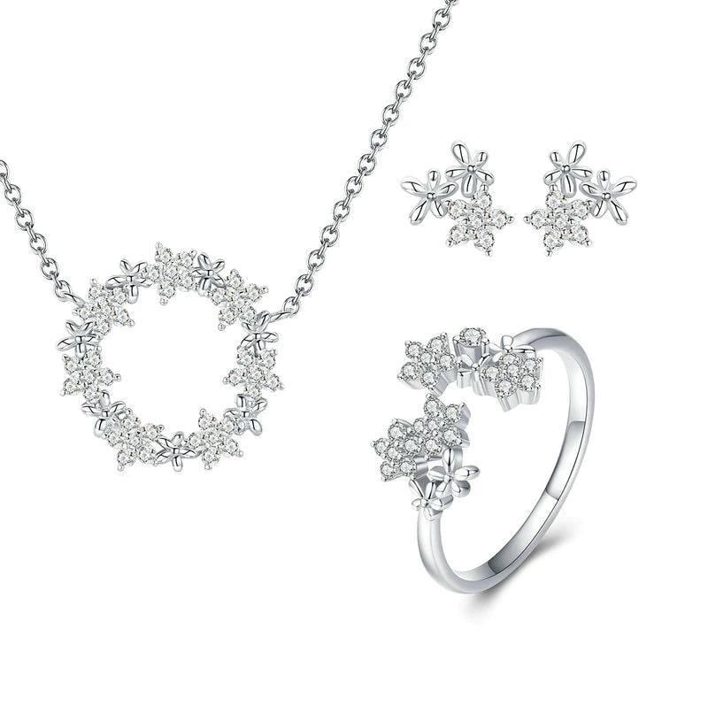 Silver Floral Pendant Necklace Jewelry Set