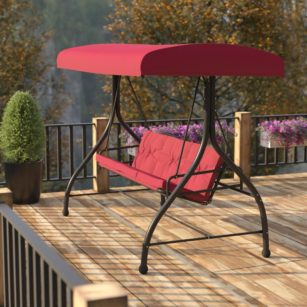 3-Seat Outdoor Steel Converting Patio Swing Canopy Hammock with Cushions / Outdoor Swing Bed (Maroon)