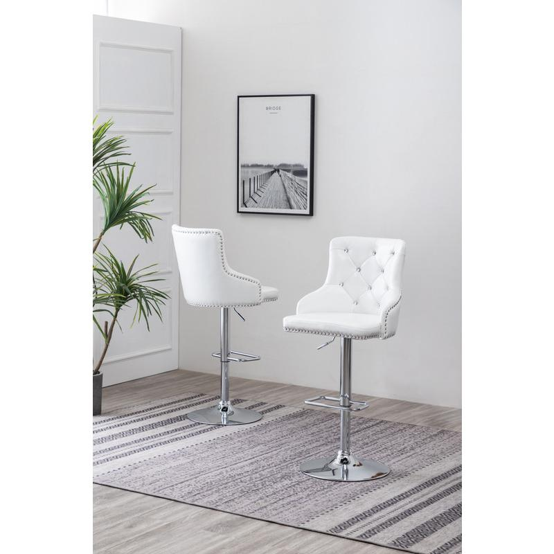 Faux Leather Adjustable Bar Stool in White, Set of 2